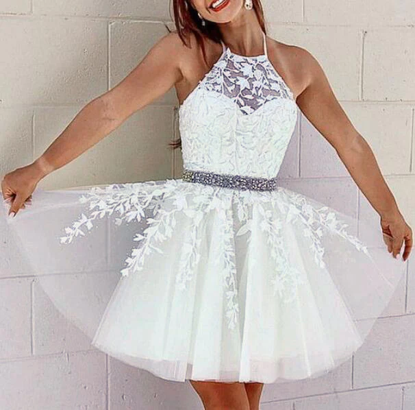 Corset Halter Short Graduation Dress White Lace Cocktail Party Dress for Junior Girls Beaded Belt