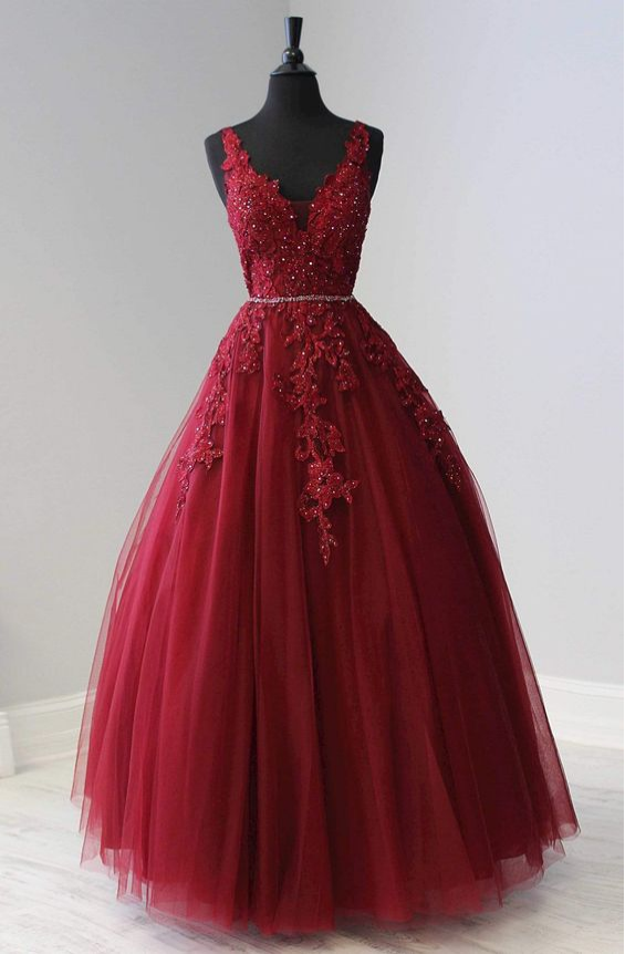 A-line V Neck Tulle Lace Prom Dress Waist Bead Fromal Evening Dress cc04