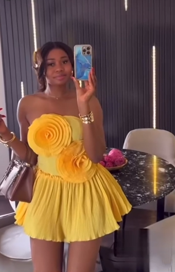Unique Yellow Strapless Satin Flowers A Line Short Party Dress Formal Homecoming Dress