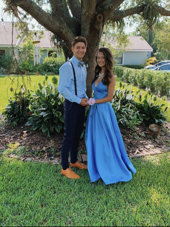 Chic A-line Blue V Neck Prom Dress,Blue Formal Dress