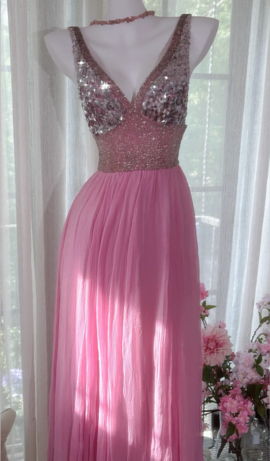 Pretty Pink V Neck Sequin Chiffon A Line Long Wedding Guest Dress Formal Party Dress Prom Dresses