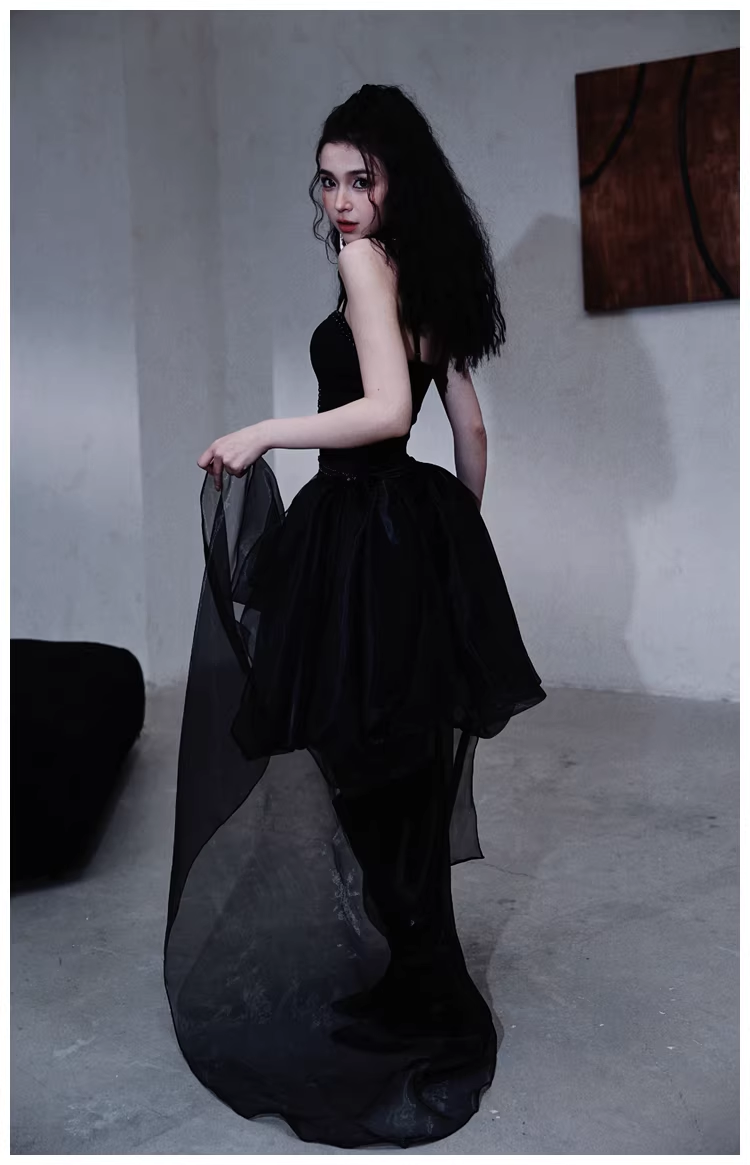 Gorgeous Black Organza Satin Beaded Long Party Dress Birthday Evening Dress