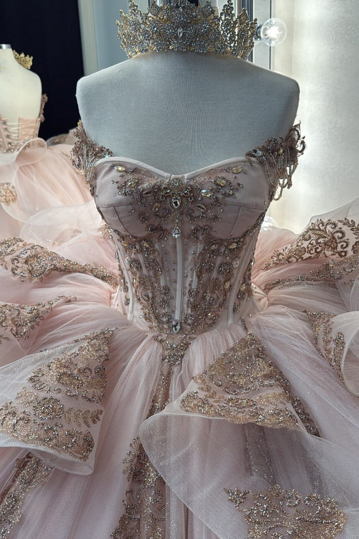 Pretty Pink Off The Shoulder Tulle Beaded Appliques Quinceanera Dress Sweet 16 Dress