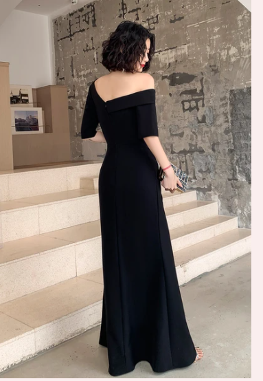 Black One Shoulder Slit Long Evening Dress, Black Formal Dress Prom Dress