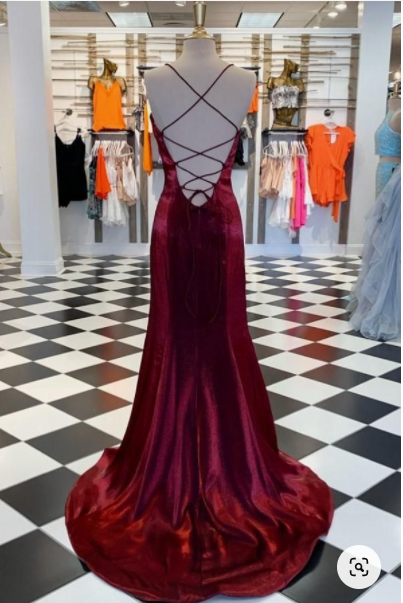 Burgundy Strappy Mermaid High Side Slit Dress
