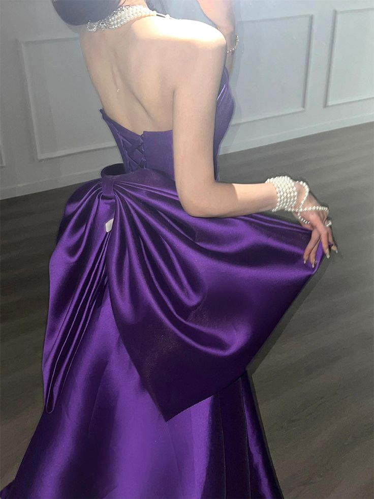 Stylish Purple Satin Strapless Pleated Mermaid Prom Dress Long Evening Dress With Bow