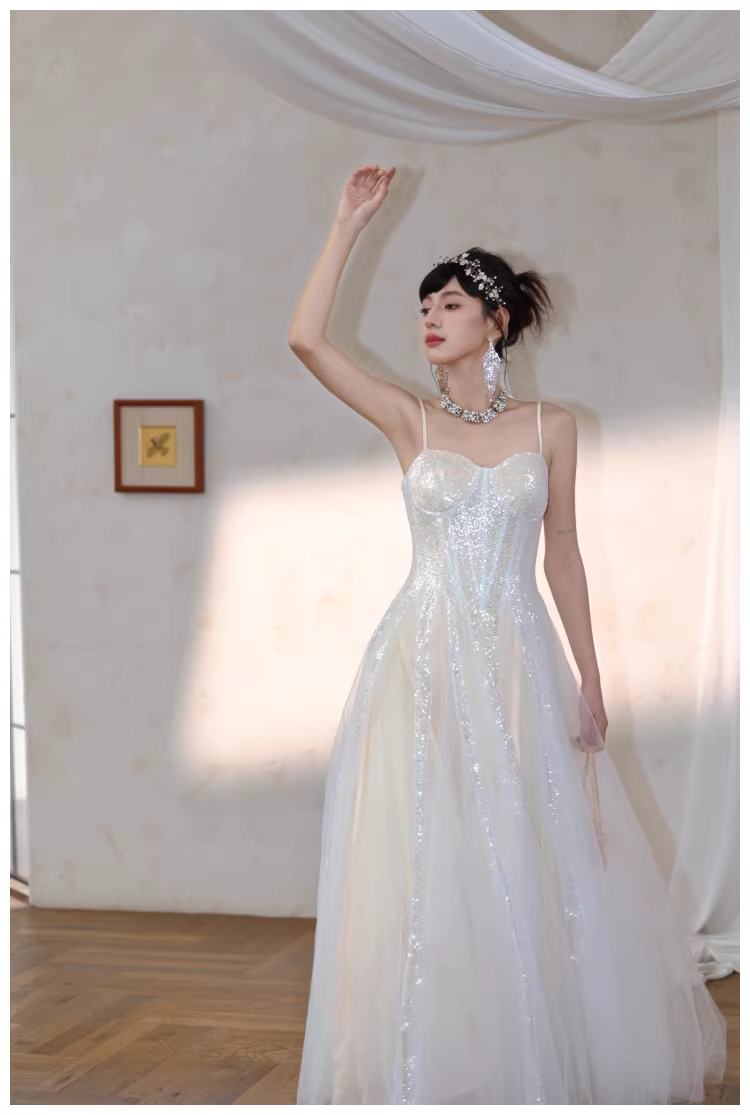 Classy Light Apricot Spaghetti Straps Tulle Sequin A Line Long Party Dress Evening Dress