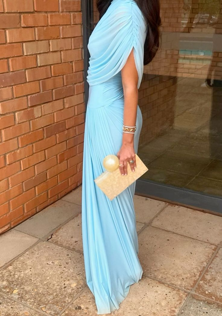 Elegant Sky Blue Chiffon Pleated Long Party Dress Wedding Guest Dress