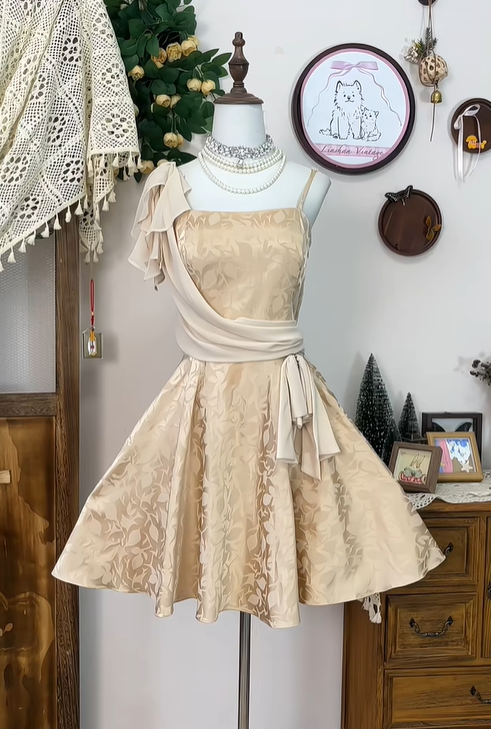 Vintage Satin Print Floral A Line Mini Party Dress Spaghetti Straps Champagne Homecoming Dress