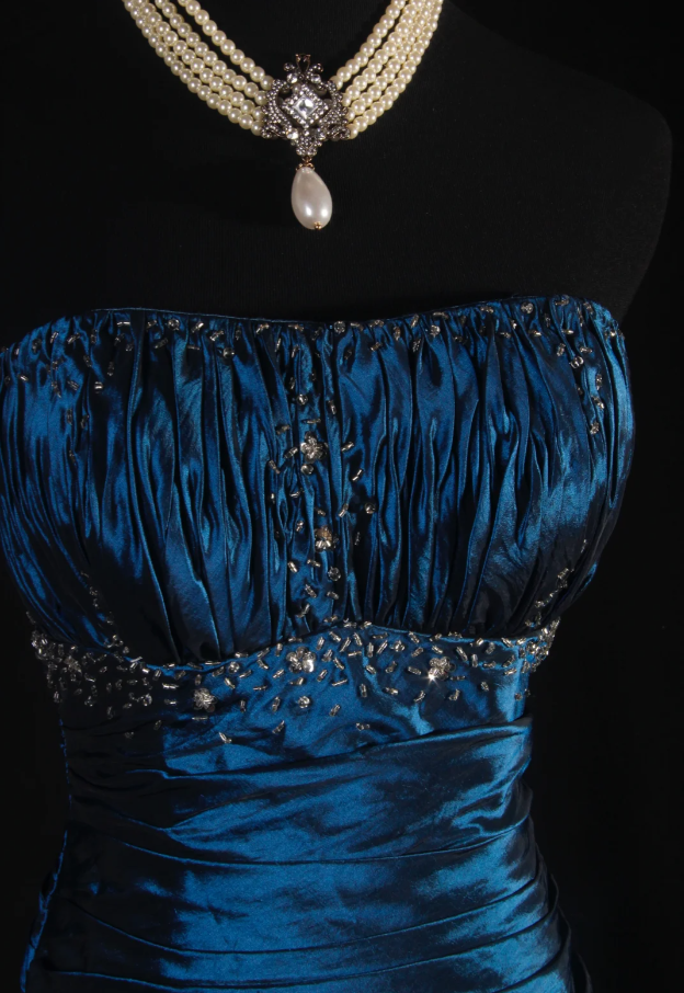 Gorgeous Strapless Satin Pleated Layered Beaded Evening Dress Navy BLue Mermaid Long Party Dress
