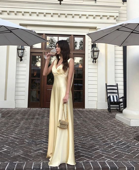 Simple Yellow V Neck Long Prom Dress Evening Dress