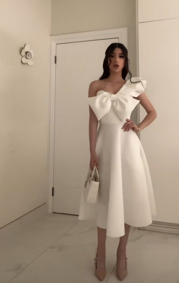 White Elegant Party Prom Dress One Shoulder BowKnot Evening Dresses