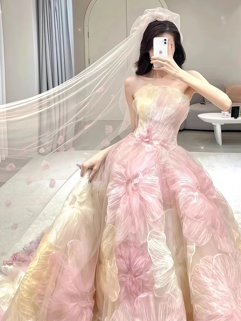 Gorgeous Strapless Tulle Flowers A Line Ball Gown Fairy Wedding Dress