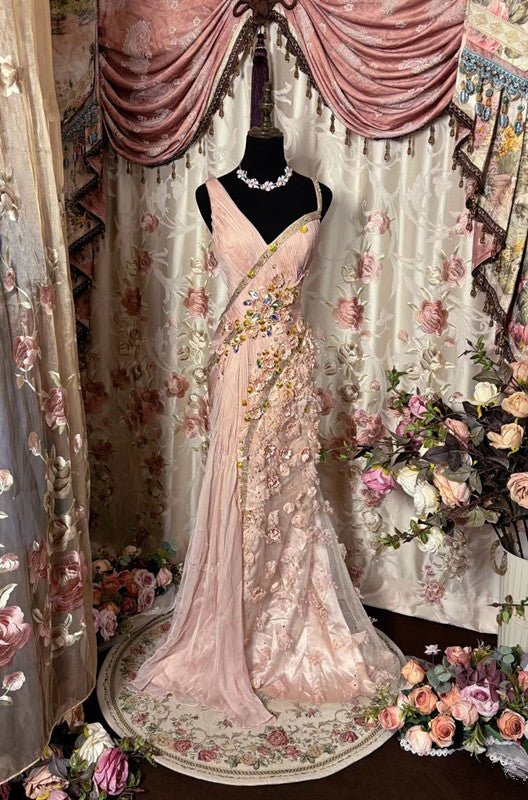 Elegant Pink Tulle Long Prom Gown New Evening Dress