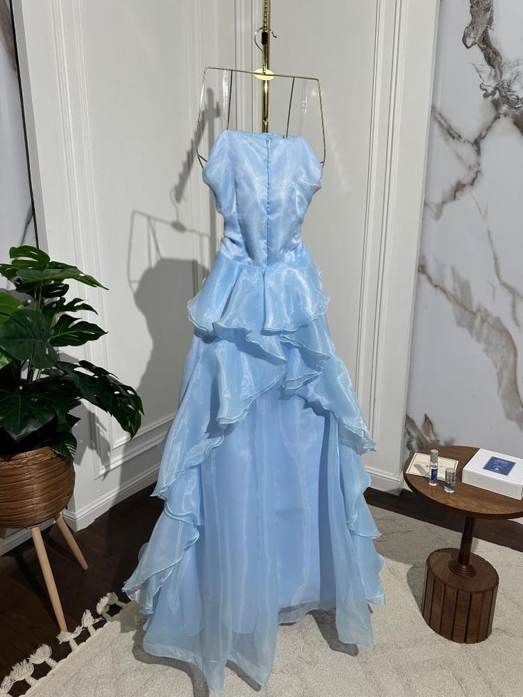 Classy Strapless Blue Organza Pleated Ruffles Long Party Dress Formal Wedding Guest Dress