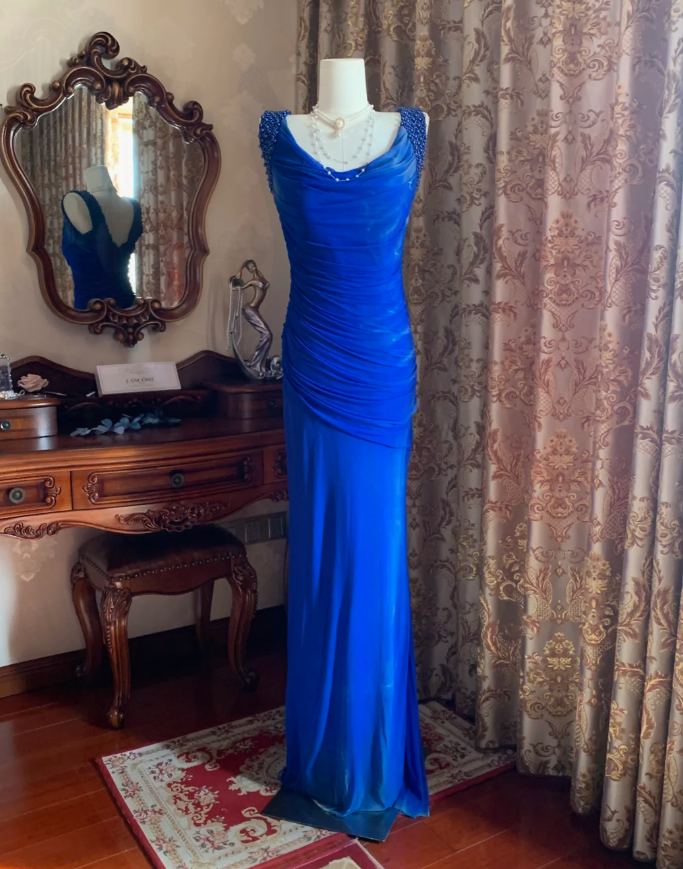 Sexy Royal Blue Tulle Pleated Beaded Mermaid Long Wedding Guest Dress Evening Dress