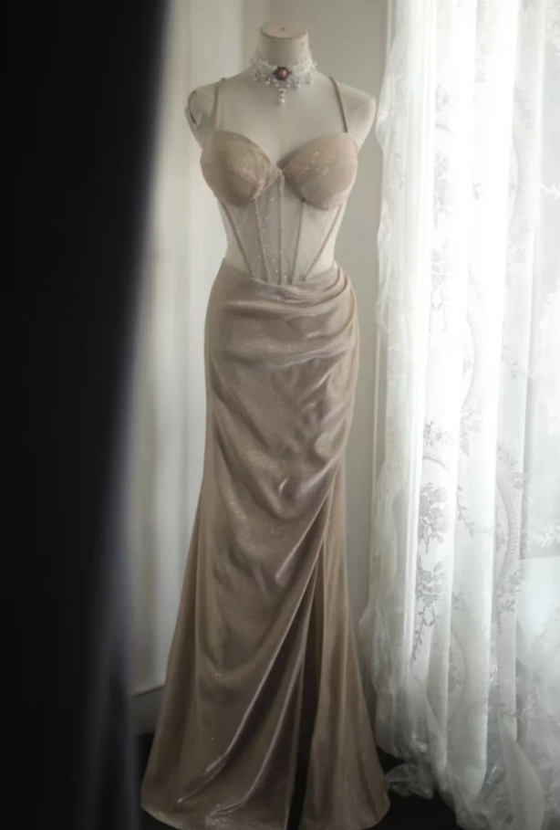 Glitter Spaghetti Straps Satin Beaded Mermaid Slit Evening Dress Long Prom Dress