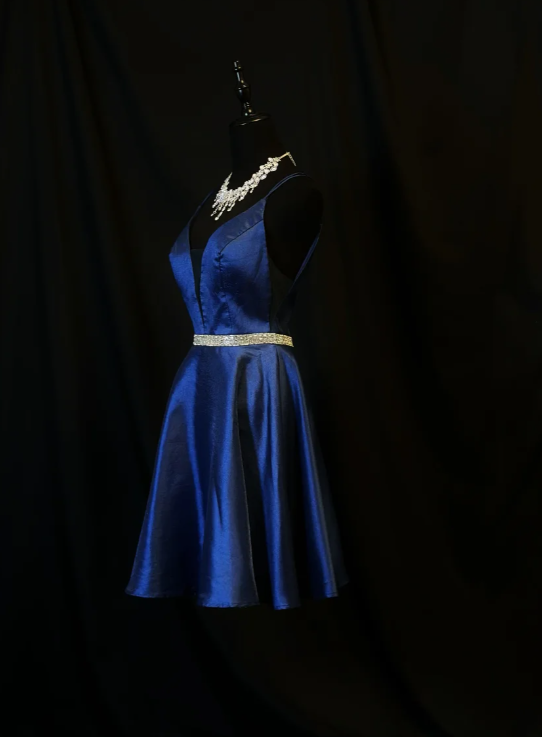 Pretty Spaghetti Straps Backless Homecoming Dress Royal Blue Satin Beaded Cocktail Dress
