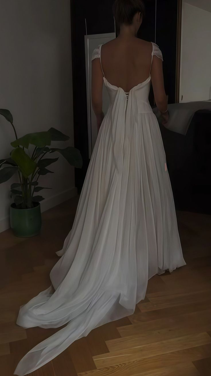 Classy V Neck White Chiffon Long Wedding Dress Bridal Dress