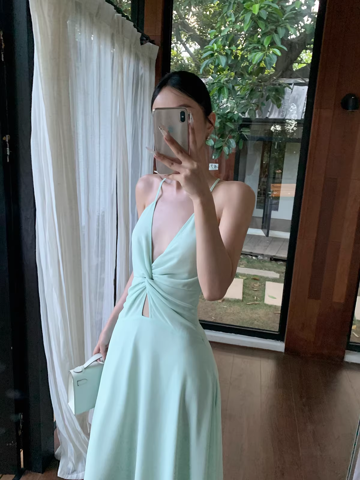 Simple Spaghetti Straps V Neck Green Chiffon A Line Long Party Dress Evening Dress