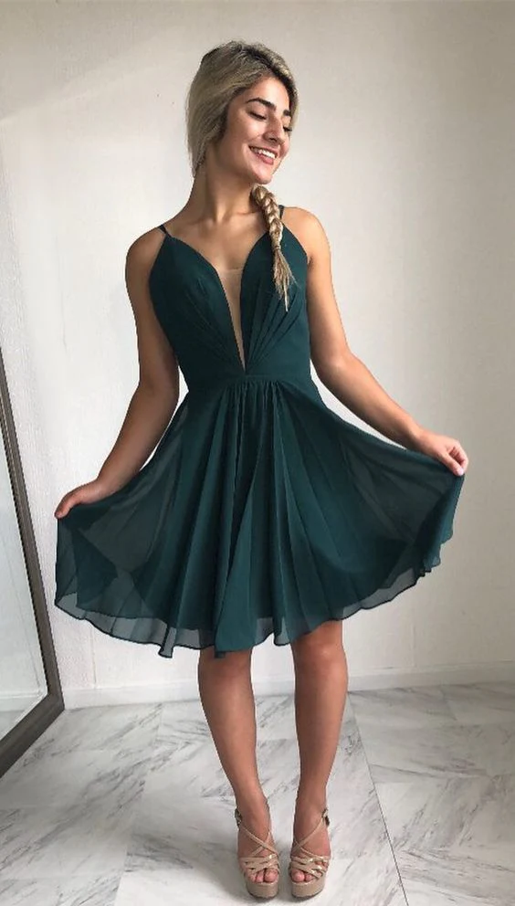 Straps short hunter green homecoming dresses, homecoming dresses, party dresses dancing dresses