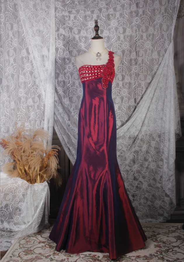 Pretty Burgundy One Shoulder Satin Mermaid Long Party Dress Prom Dress