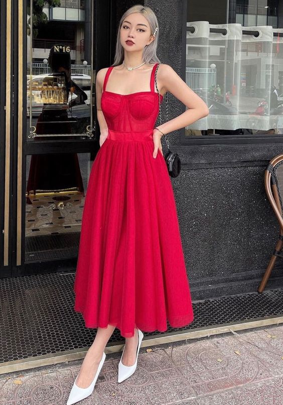 Elegant Red A-line Straps Prom Dress,Red Evening Dress