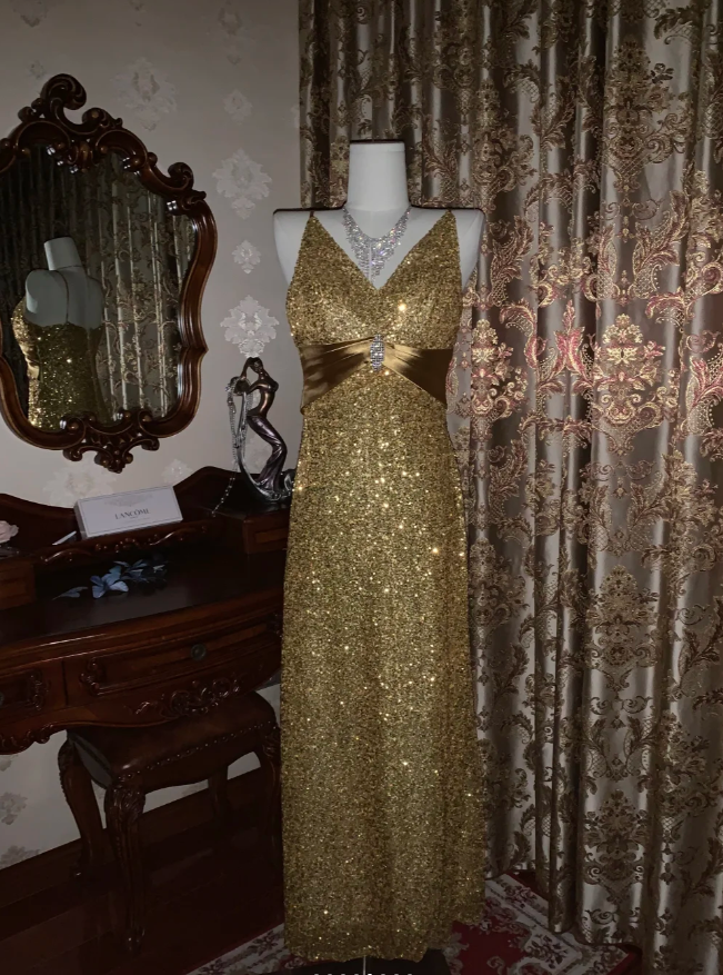 Glitter V Neck Sequin Beaded Gold Mermaid Party Dress Long Evening Dress