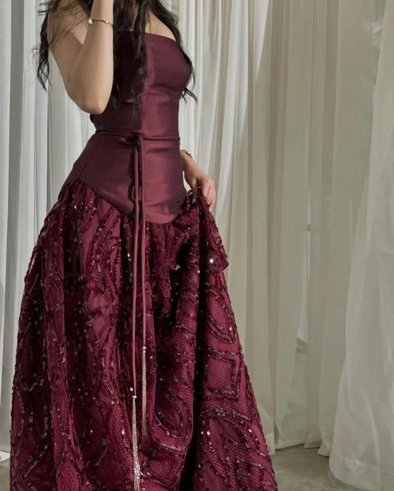 Vintage Burgundy Satin Sequin Evening Dress Formal Prom Dress