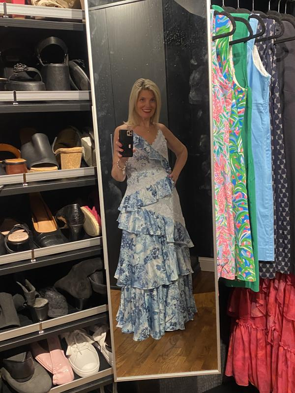 Vintage Blue Satin Print Tiered Ruffles A Line party Dress,Spaghetti Straps Prom Evening Dress