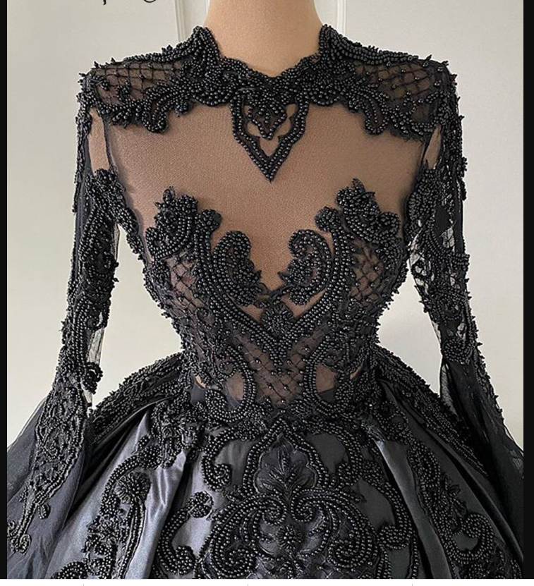 Puffy Ball Gown Women Long Sleeve Evening Dress Black Lace Twill Satin Beaded Dubai Style Formal Prom Dresses