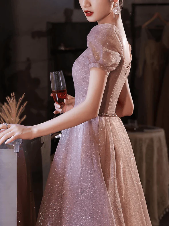 A-Line Beautiful Back Elegant Prom Formal Evening Dress Sweetheart Neckline Short Sleeve Floor Length