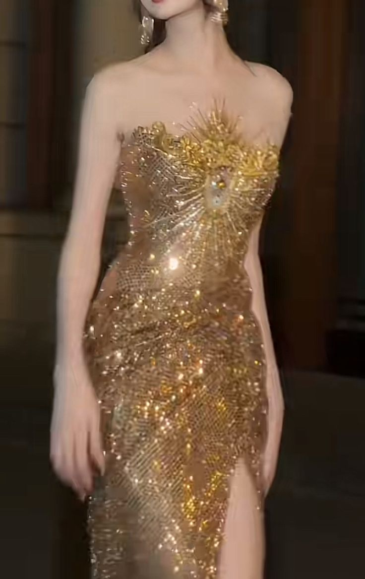 Luxurious Gold Strapless Sequin Beaded Mermaid Slit Evening Dress Long Party Gown