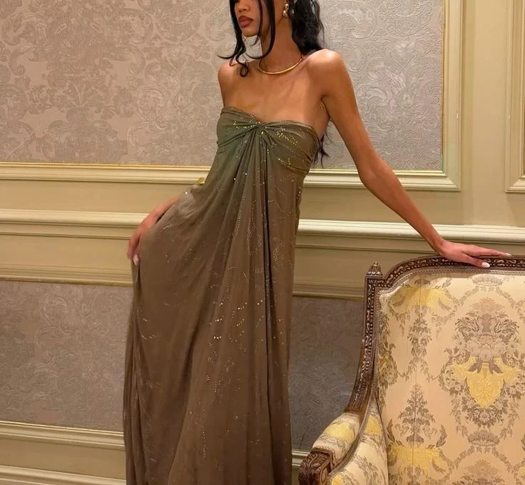 Vintage Matcha Green Strapless Satin Sequin Mermaid Evening Dress Long Birthday Party Gown
