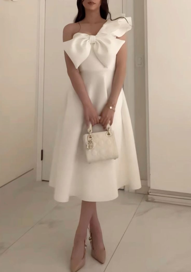 White Elegant Party Prom Dress One Shoulder BowKnot Evening Dresses