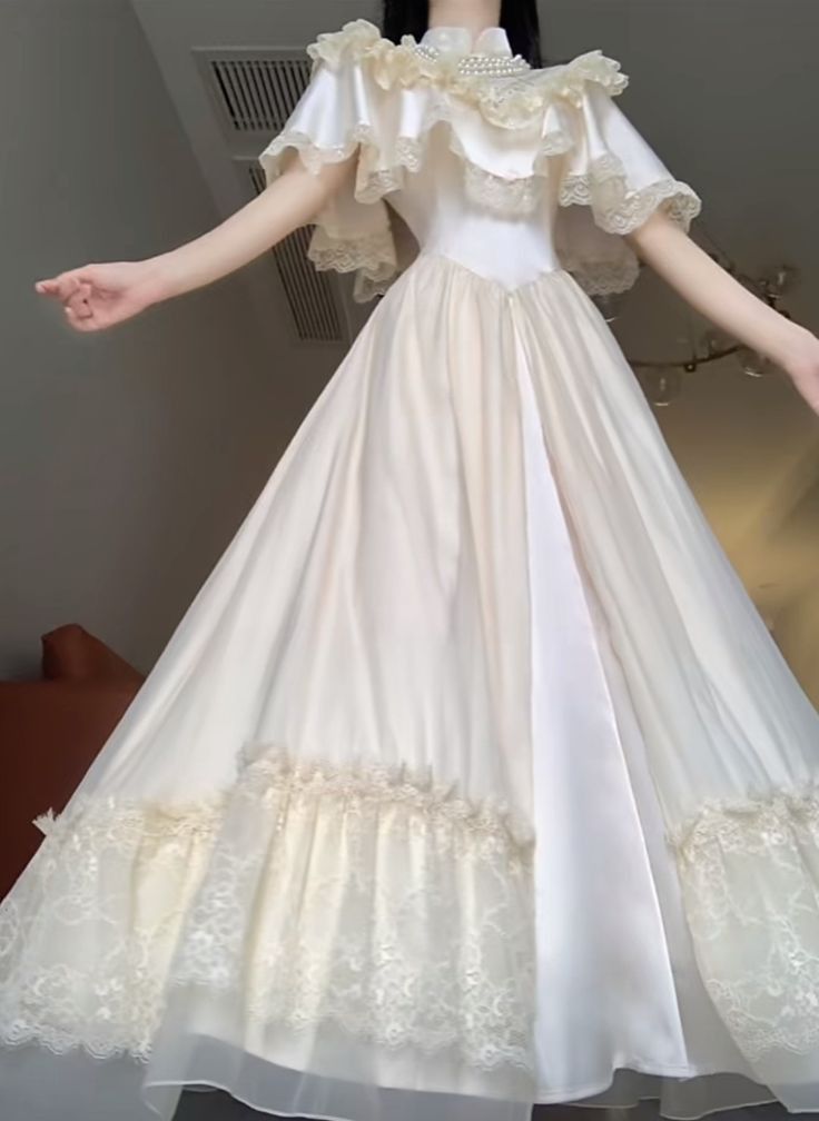 Elegant A-line High Neck Satin Lace Princess Dress Long Evening Dress