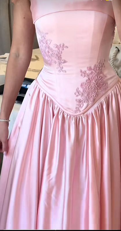 Elegant Pink Satin A-Line Long Evening Dress Birthday Outfit