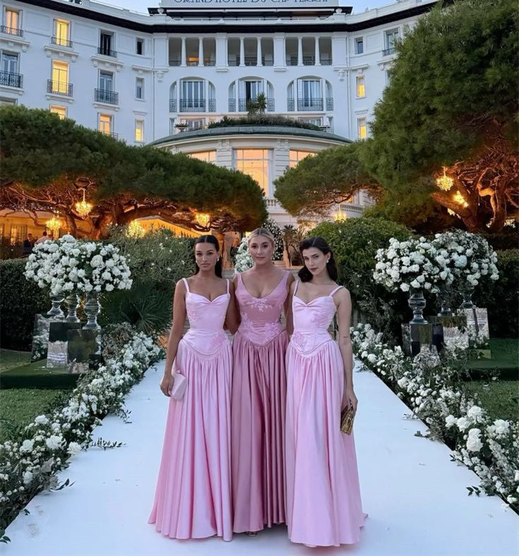 Elegant Pink Satin A-Line Long Evening Dress Bridesmaid Dress