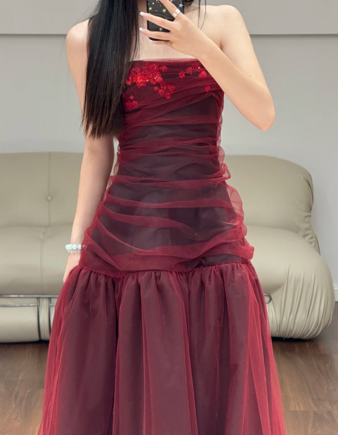 Strapless Burgundy Tulle Prom Party Dress Birthday Outfit Evening Dress