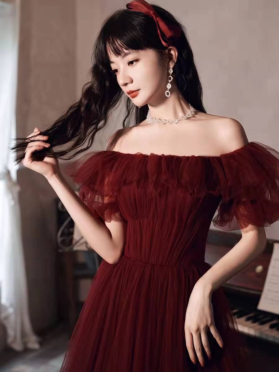 Burgundy tulle long prom gown formal dress