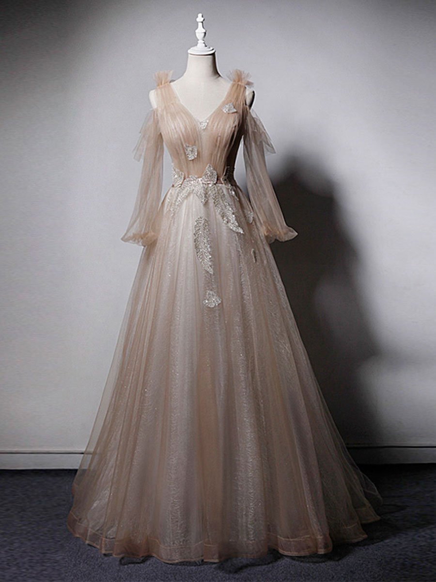 Champagne v neck tulle lace long prom dress champagne evening dress