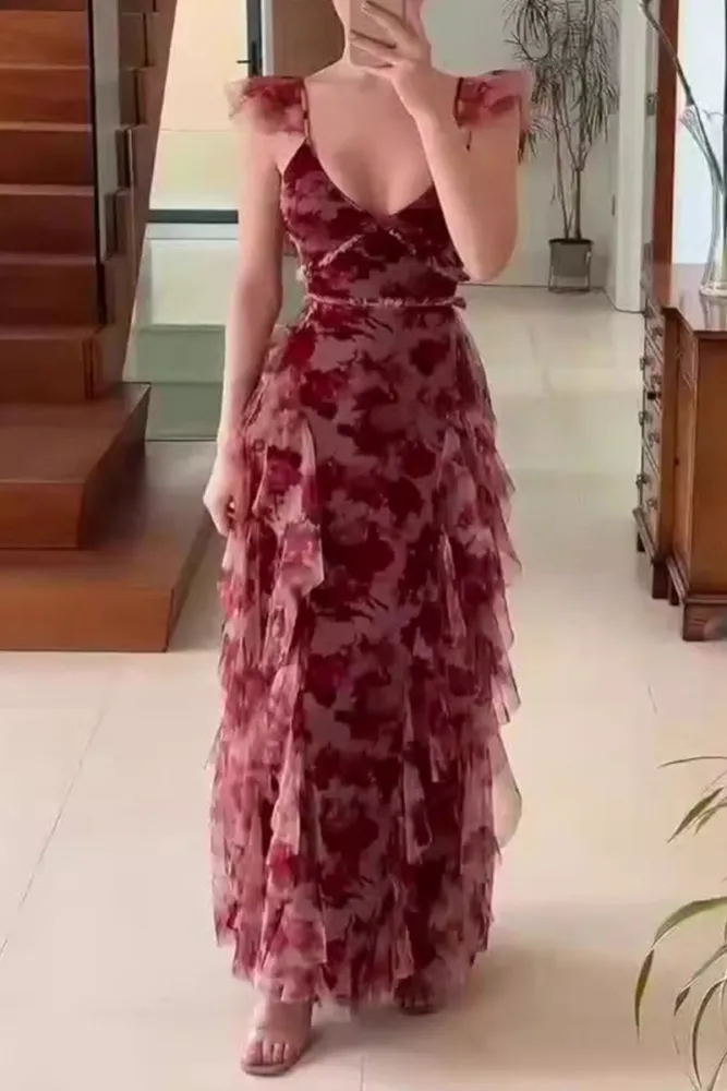 Unique Tulle Chiffon Rose Floral Print Ruffles Party Evening Dress A Line Prom Dress