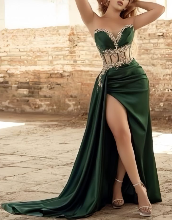Popular Sweetheart Lilac Beaded Satin Long Prom Dress,Sexy Slit Party Evening Dress