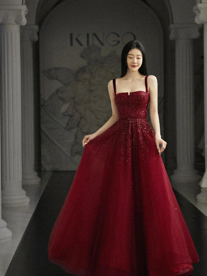 Burgundy Prom Dresses A line Straps Tulle Evening Dresses