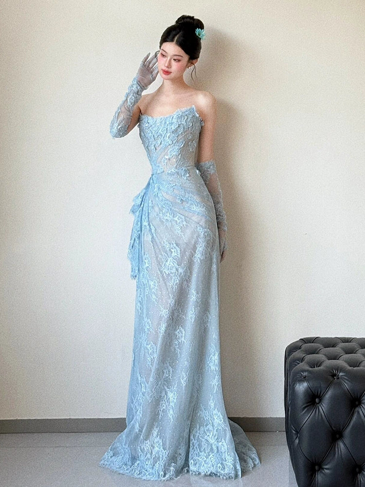 Blue Lace Mermaid Long Prom Dress Sexy Evening Dresses With Side Split