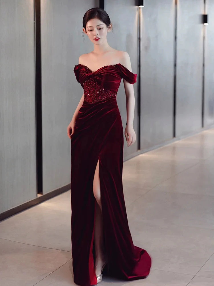 Burgundy Velvet Mermaid Long Prom Dress Off Shoulder Evening Dresses With Slit