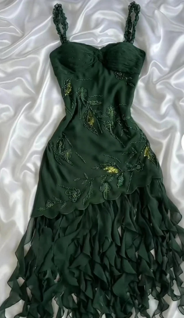 Dark Green Chiffon Ruffle Prom Dress Formal Dress Evening Party Dresses