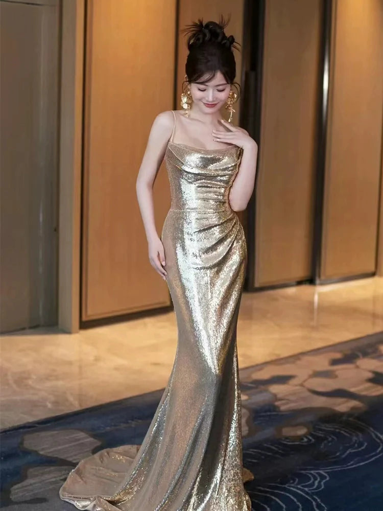 Gold Sequin Mermaid Long Prom Dress Sexy Evening Dresses