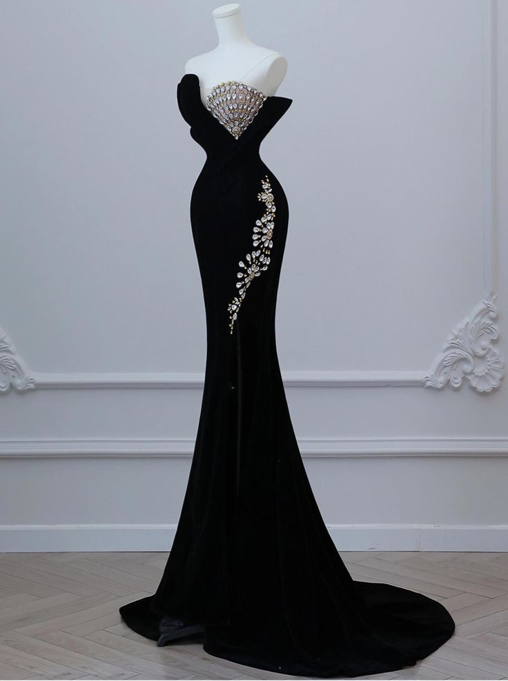 Black Velvet Beaded Prom Dress Formal Mermaid Evening Dress