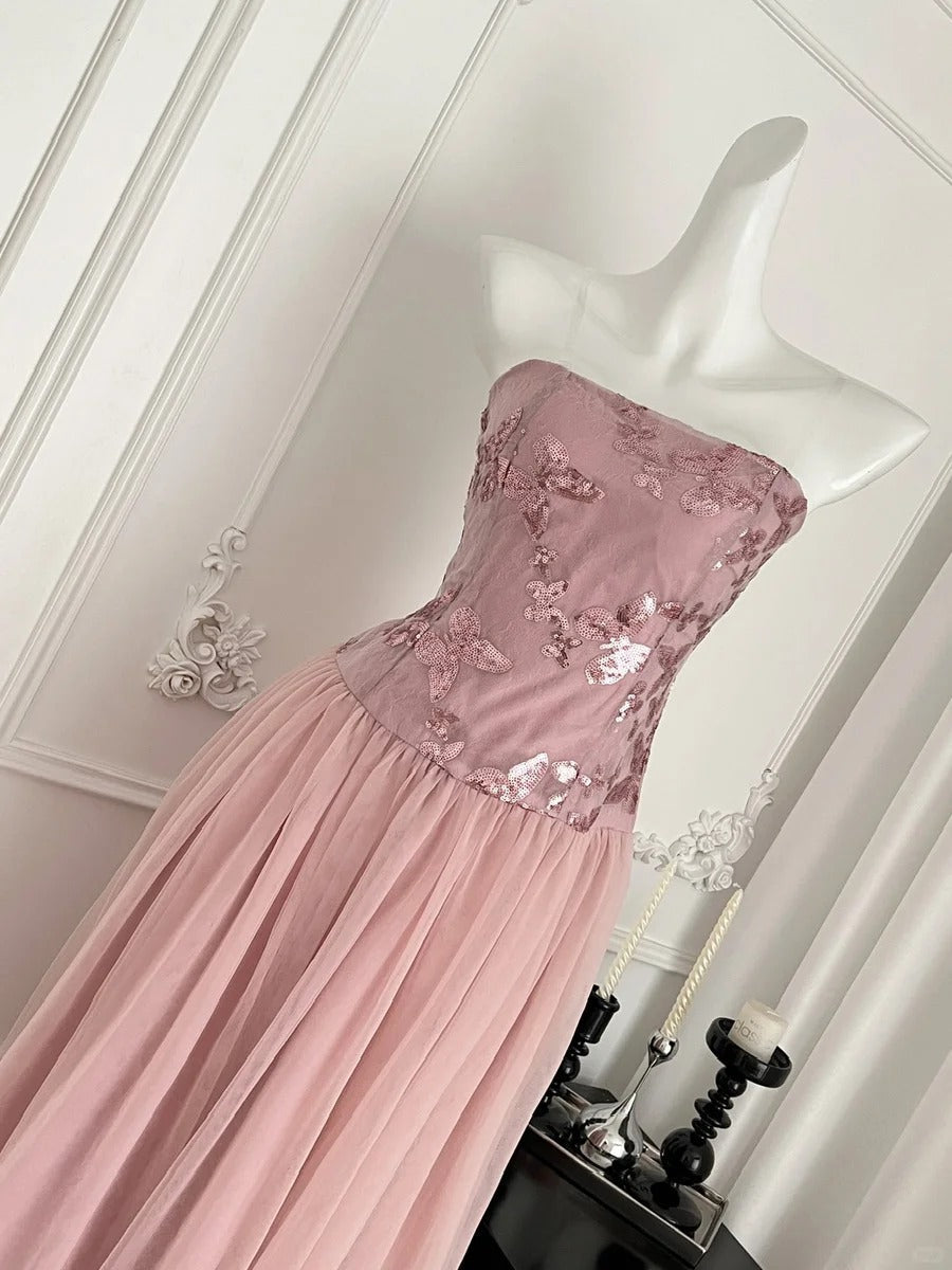 Elegant Pink A-line Tube Top Sequined Tulle Long Prom Dress Evening Dress Bridesmaid Dress